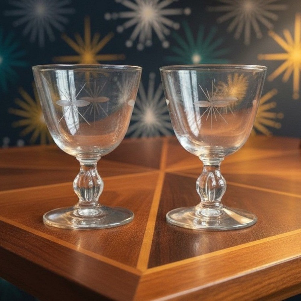 Libbey Rock Sharpe Starglow Cocktail Goblets, Set Of 2, Etched Glassware, #8900
